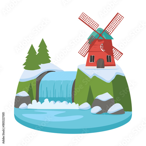 Picturesque red windmill perched atop a snowy, rocky hill with a small, partially frozen waterfall running down the mountainside in winter - Vector Illustration
