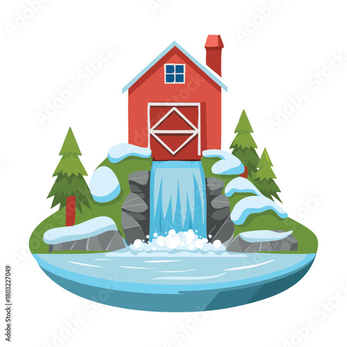 Rustic red barn building next to a lively cascading waterfall with green pine trees and rocks in a beautiful summer nature reserve - Vector Illustration