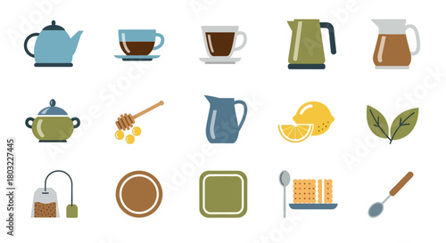 Flat vector icon set for tea and coffee preparation and service.
