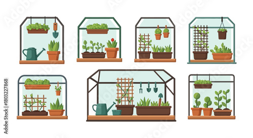Greenhouses with Plants and Gardening Tools.