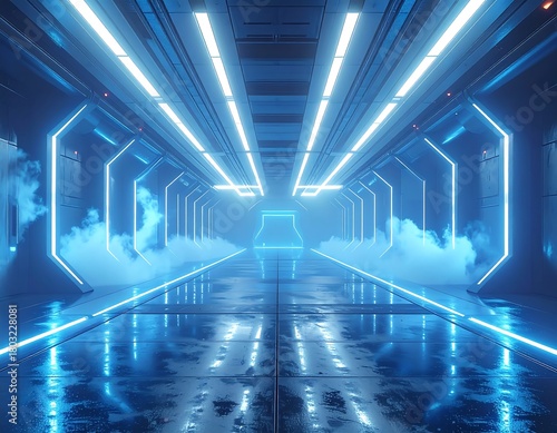 A futuristic, neon-lit corridor with hexagonal frames and artificial fog creates a sense of depth and mystery
