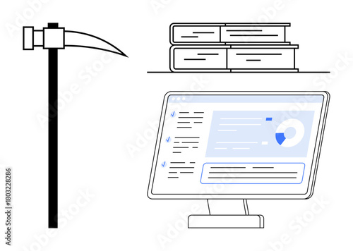Pickaxe, stacked books, and computer monitor showing analytical data represent research, learning, and mining data. Ideal for knowledge, analysis, technology, innovation education discovery simple