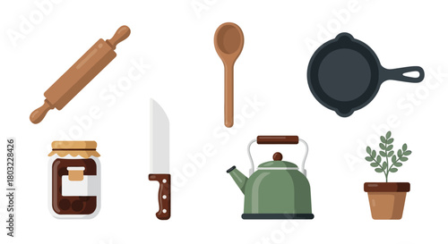 Kitchen Utensils and Food Preparation Items Illustration.