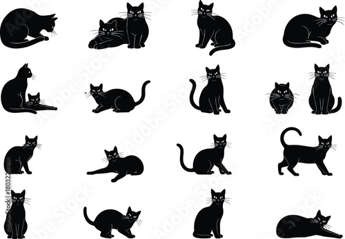 Black cat silhouette collection vector illustration, domestic feline poses and actions, minimal pet animal design for decoration, art, and graphic projects