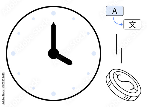 Clock with analog hands, translation elements, and coin symbolizing time, multilingual communication, teamwork, financial planning. Ideal for productivity, globalization, scheduling trade economy