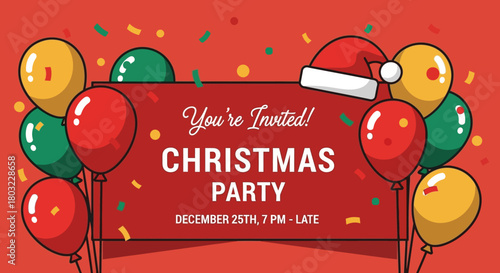 Christmas Party Celebration Invitation, Graphic Design, Festive Atmosphere, Colorful Balloons, Fun Environment