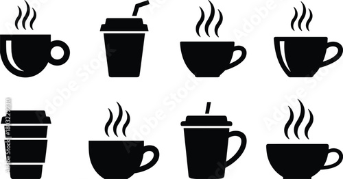 Collection of hot beverage cups and to-go coffee cups with steam drink