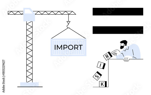 Crane lifting an import container while a man balances falling blocks with letters forming RISK. Ideal for supply chain, logistics, risk management, trade, economy, business operations