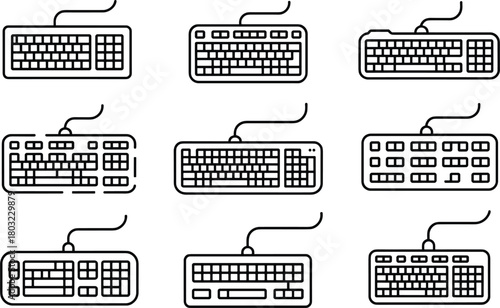 Collection of nine different outline computer keyboard icons on white technology