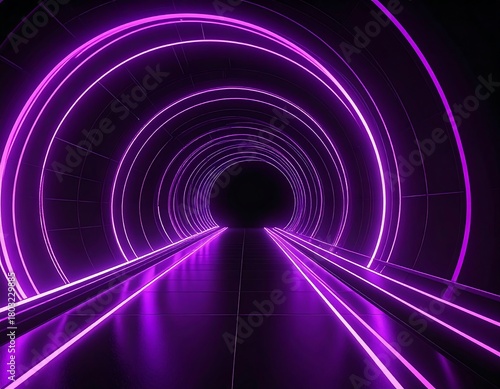 A futuristic tunnel with glowing purple concentric circles. Reflective floors enhance the sense of depth and illuminate the path ahead