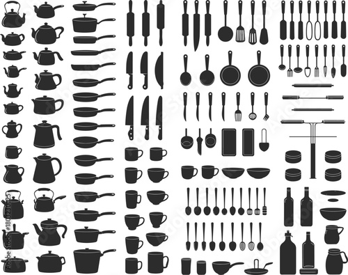 Black kitchen utensils and cookware silhouette vector collection, teapot, pan, knife, cup, spoon, bottle, and cooking tools isolated illustration design