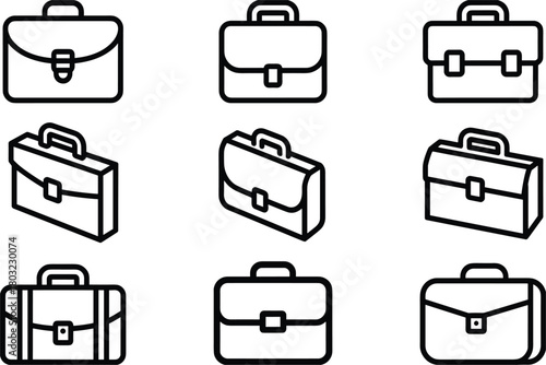 Collection of nine simple outline briefcase icons in various perspectives business travel