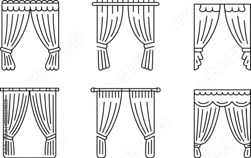 Curtain Styles Icons Set with Drapes and Tie-backs window covering