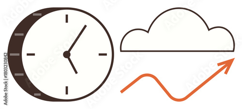 Clock with ticking hands, cloud outline, and rising arrow convey time management, technology trends, and growth. Ideal for productivity, innovation, analytics, cloud computing success business