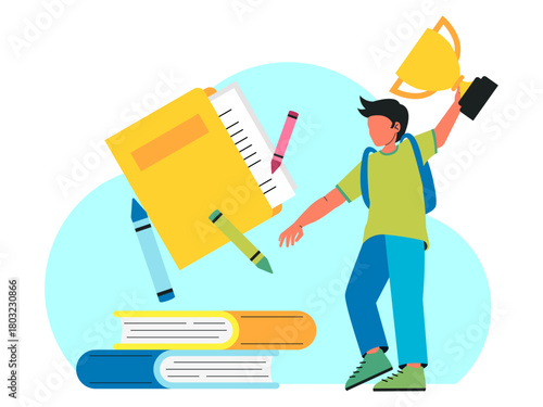 Student boy is holding his trophy. Back to school vector illustration. Flat illustration concept.