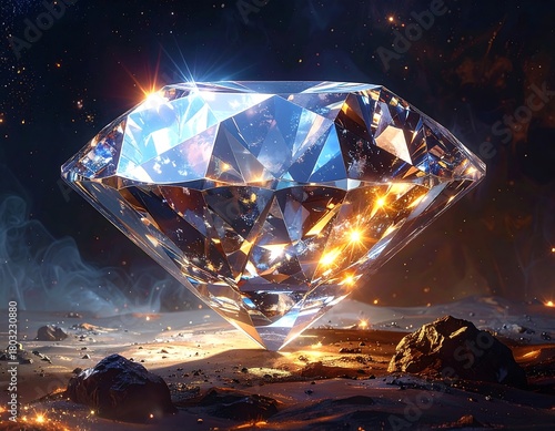 A gigantic, multi-faceted jewel floats above a rocky, alien landscape, with a celestial galaxy backdrop and glittering highlights