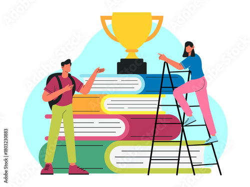Female student is climbing the stairs wants to hold the trophy also her male friend he is also looking at the trophy. Back to school vector illustration. Flat illustration concept.