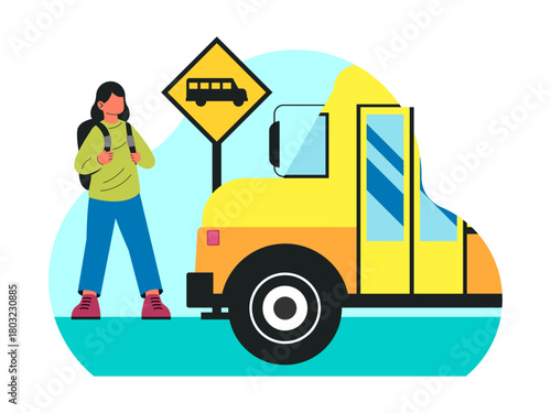 Girl student will go home after waiting for the bus. Back to school vector illustration. Flat illustration concept.