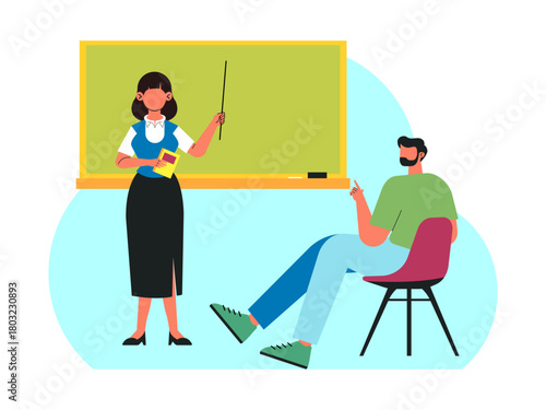 Male student who was sitting in his chair was listening to his teacher who was standing in front of the blackboard. Back to school vector illustration. Flat illustration concept.