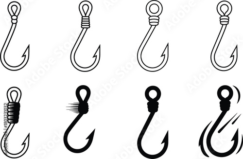 Eight black and white icons of fishing hooks in different styles and actions angling bait