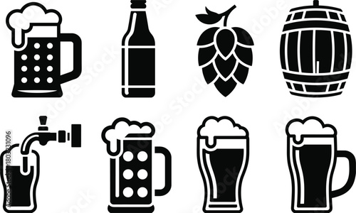 Eight Black Beer Icons including Mug, Bottle, Hops, and Barrel on White Background drink beverage