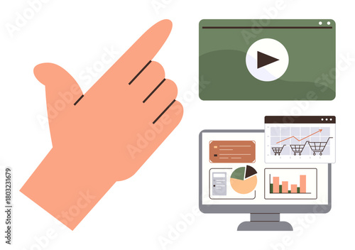Hand gesture pointing towards a computer screen with graphs, charts, and video player. Ideal for business analysis, e-learning, marketing, online tools, progress tracking, tutorials technology