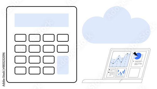 Calculator, cloud, and laptop displaying data graphs emphasize digital finance, analytics, and cloud storage. Ideal for technology, finance, analytics, cloud computing data visualization digital