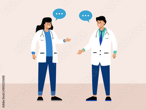 Doctors and nurses stand and chat. Hospital vector illustration. Flat illustration concept.	
