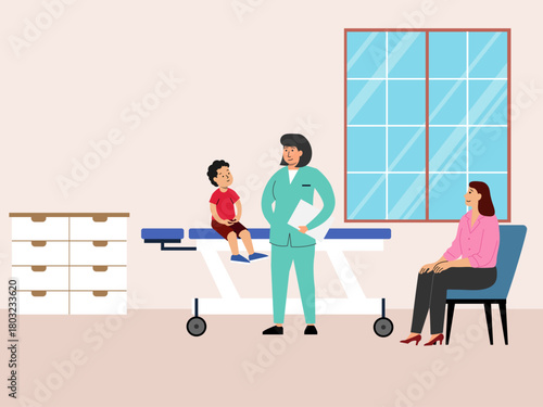A child accompanied by his mother is visiting a doctor for a medical examination at the hospital. Hospital vector illustration. Flat illustration concept.	