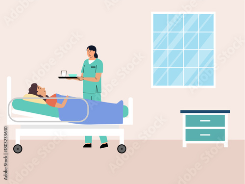 Medical professional visiting patient in hospital. Hospital vector illustration. Flat illustration concept.	