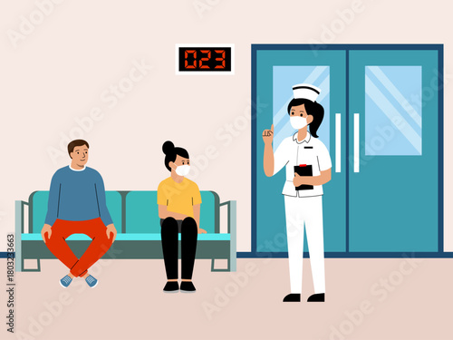 The patient is waiting for the doctor in the hospital waiting room. Hospital vector illustration. Flat illustration concept.	