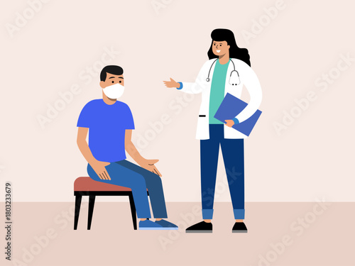 A doctor in a white coat examines a patient sitting in a chair and explains about his health condition. Hospital vector illustration. Flat illustration concept.	