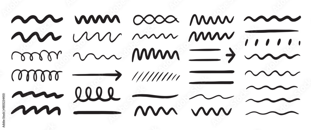 Fototapeta premium Decorative Wave Pattern And Hand-Drawn Doodles Of Waves, Lines, And Borders For Design and Curled Strokes with Arrows for Dynamic Underlines and Accents.