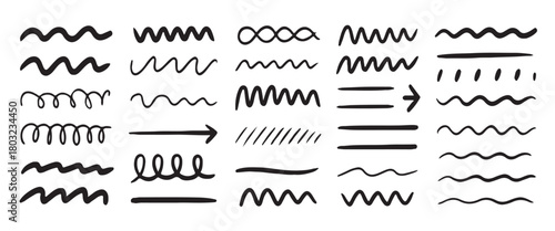 Decorative Wave Pattern And Hand-Drawn Doodles Of Waves, Lines, And Borders For Design and Curled Strokes with Arrows for Dynamic Underlines and Accents.