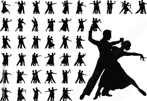 Couple ballroom dance silhouette collection vector illustration, elegant man and woman dancing poses, tango, waltz, and salsa movement art for performance design