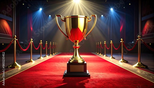 Golden Trophy Centerpiece on Red Carpet with Stage Lighting and Velvet Curtains