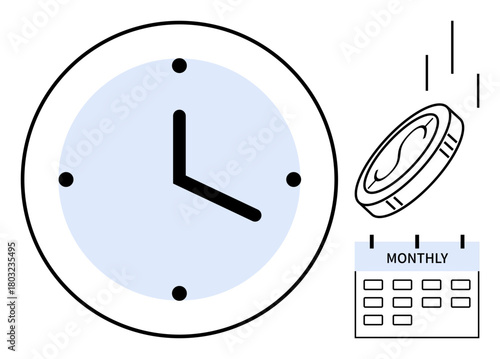 Clock with hour and minute hands, monthly calendar, and falling coin visualize time, recurring expenses, planning, budgeting, savings, productivity and financial accountability. A simple flat