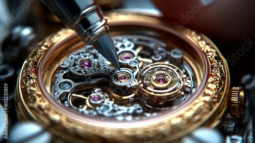 Intricate watch mechanism with pen detailing craftsmanship