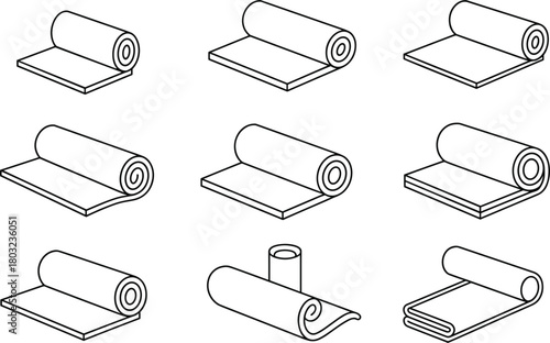 Rolled Mat Icons Set in Various Positions and Folds yoga exercise