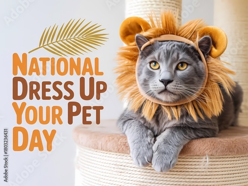 Adorable gray cat dressed as a lion for national dress up your pet day celebration
