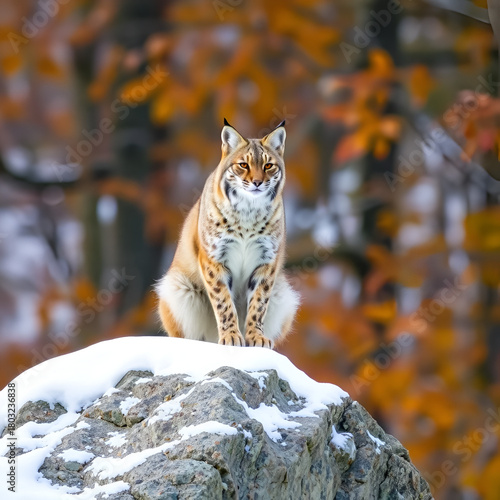Bobcat on a snowy rock in autumn foliage.