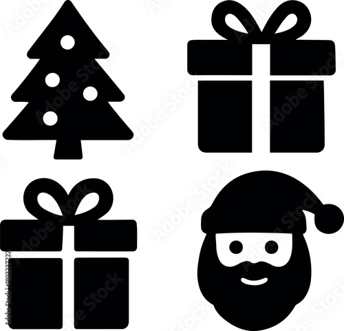 Christmas Vector illustration of a christmas tree with ornaments, two wrapped gifts, and santa claus face in black color