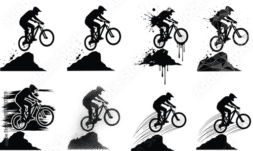 Extreme mountain biker jumping over rocky hill, silhouette vector illustration with splatter effects, speed motion, and adventure sports concept for outdoor design