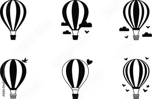 Six black and white hot air balloon illustrations with decorative elements airship flight