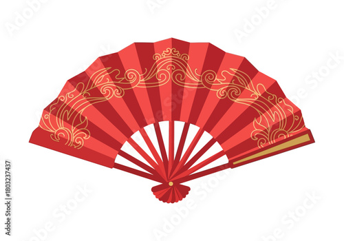 Vibrant red hand fan with gold designs on a white background.