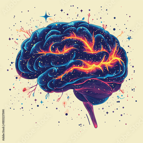 a surrealistic interpretation of the human brain as a cosmic symphony