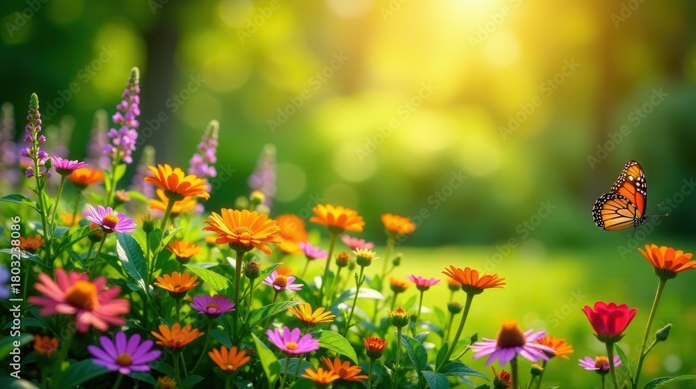 Fototapeta premium Vibrant wildflowers bathed in sunlight, a monarch butterfly gently floats amidst a profusion of colorful blossoms, a serene summer garden scene
