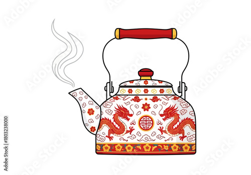 Illustration of a traditional Chinese-style teapot with dragon designs and steam rising from the spout against a plain white background.