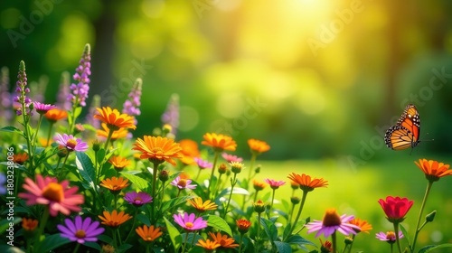 Fototapeta Naklejka Na Ścianę i Meble -  Vibrant wildflowers bathed in sunlight, a monarch butterfly gently floats amidst a profusion of colorful blossoms, a serene summer garden scene