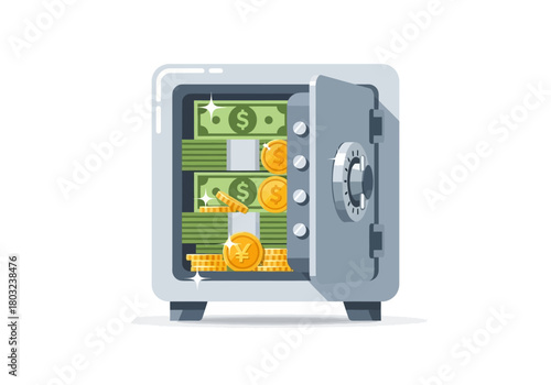 An open gray safe with green bills and gold coins inside on a white background with a shallow depth of field.
